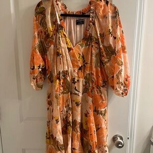 MinkPink Orange Floral Mini Dress Long Sleeve
